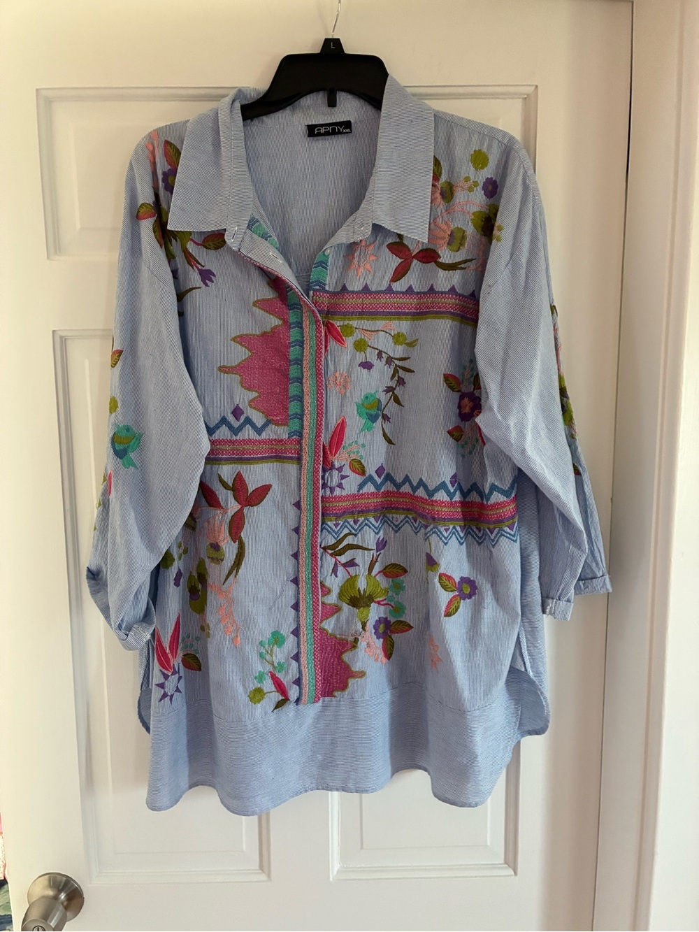 Blue striped Floral Embroidered Button-Front Women's Top -